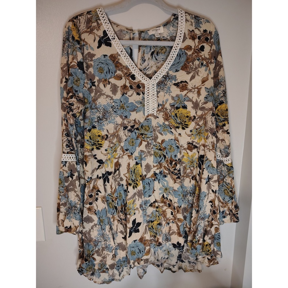 Umgee USA Floral Boho Mini Dress Long Bell Sleeve Crochet Lace Beige Blue Large - Picture 12 of 12